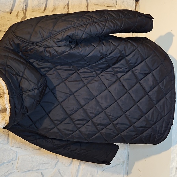 Sherpa Lined Black Quilted Puffer Zip Up Parka Hooded Jacket Large - Picture 6 of 8